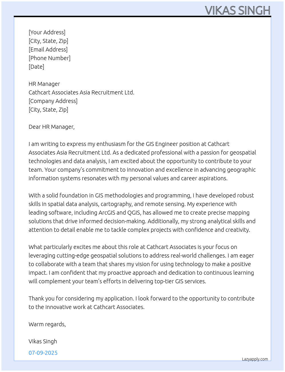 GIS Engineer At Cathcart Associates Asia Recruitment Ltd. Cover Letter