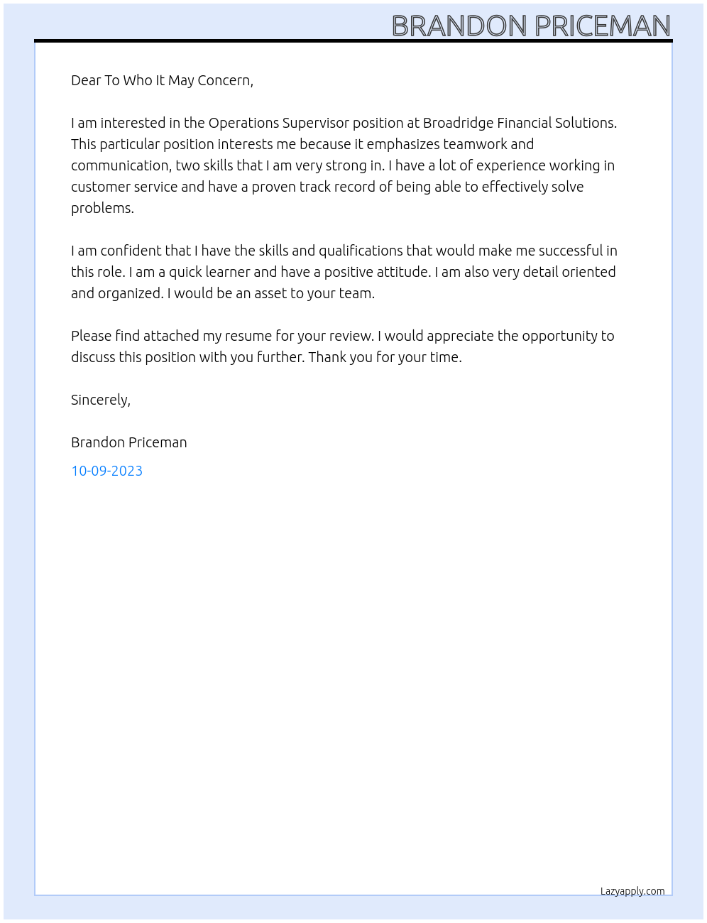 Operations Supervisor At Broadridge Financial Solutions Cover Letter