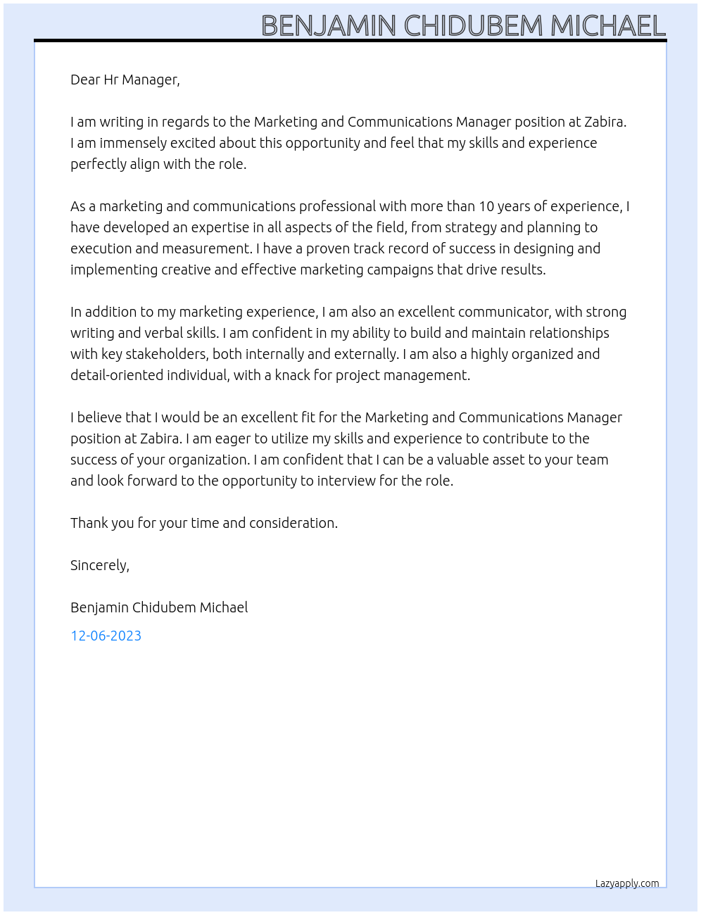Marketing and Communications Manager At ZABIRA Cover Letter