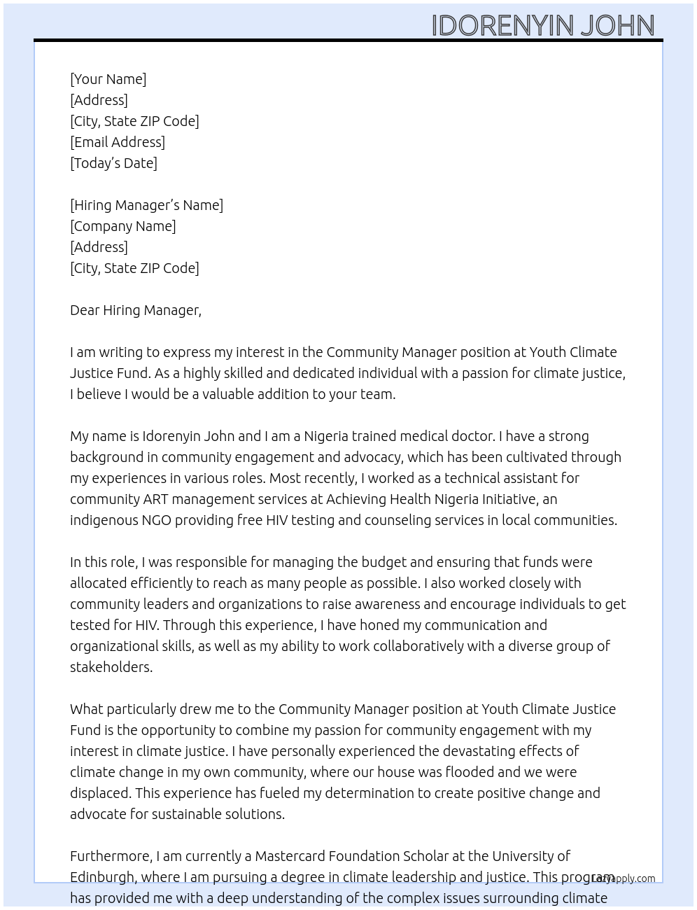 Community manager At Youth Climate Justice Fund Cover Letter
