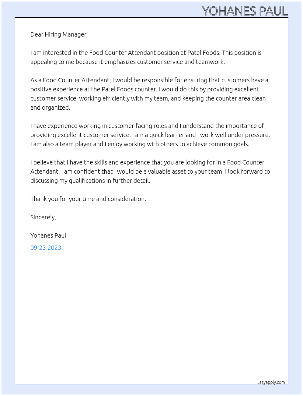 Food Counter Attendant  At Patel Foods Cover Letter