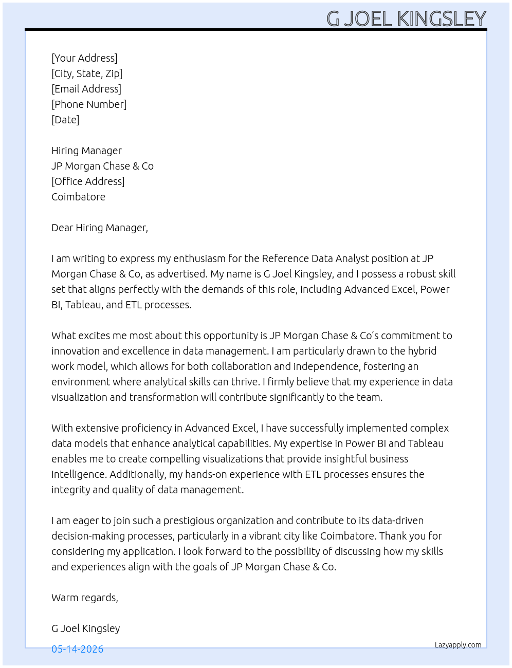 Reference Data Analyst At JP Morgan Chase & Co Cover Letter