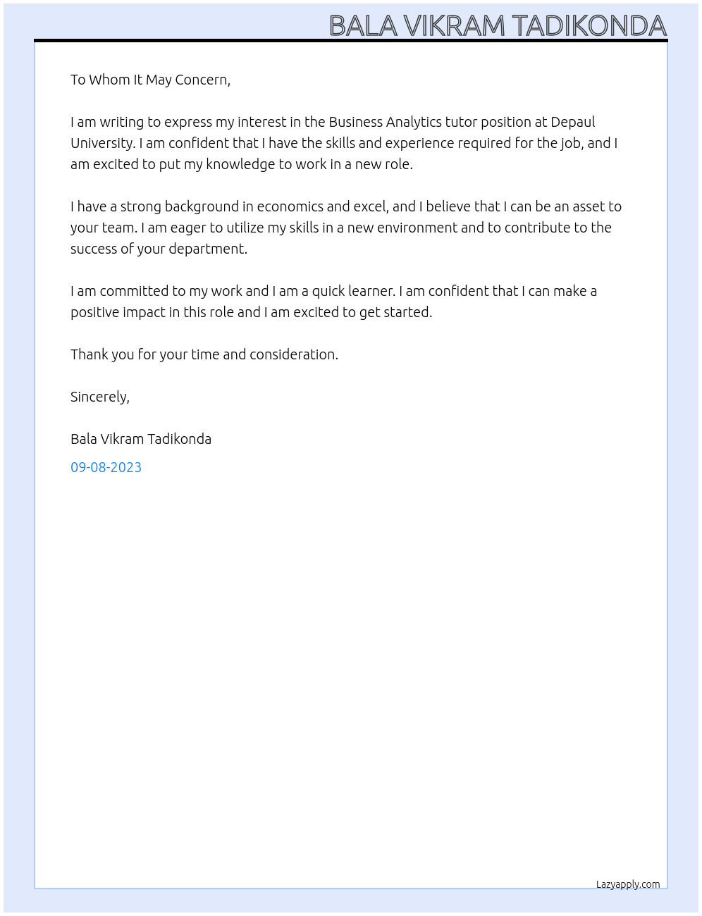 Business Analytics tutor At Depaul University Cover Letter