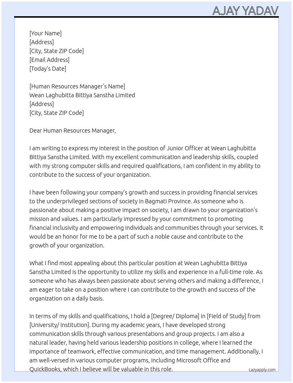 Junior Officer At Wean Laghubitta Bittiya Sanstha Limited Cover Letter