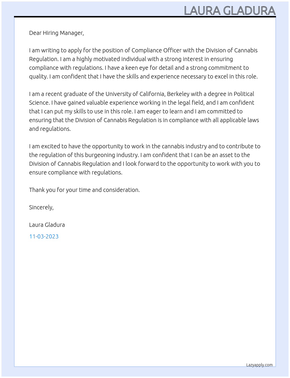 Compliance Officer At Division of Cannabis Regulation Cover Letter