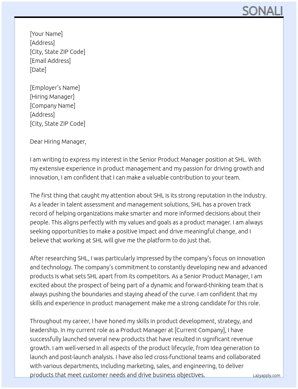 Senior Product Manager At SHL Cover Letter