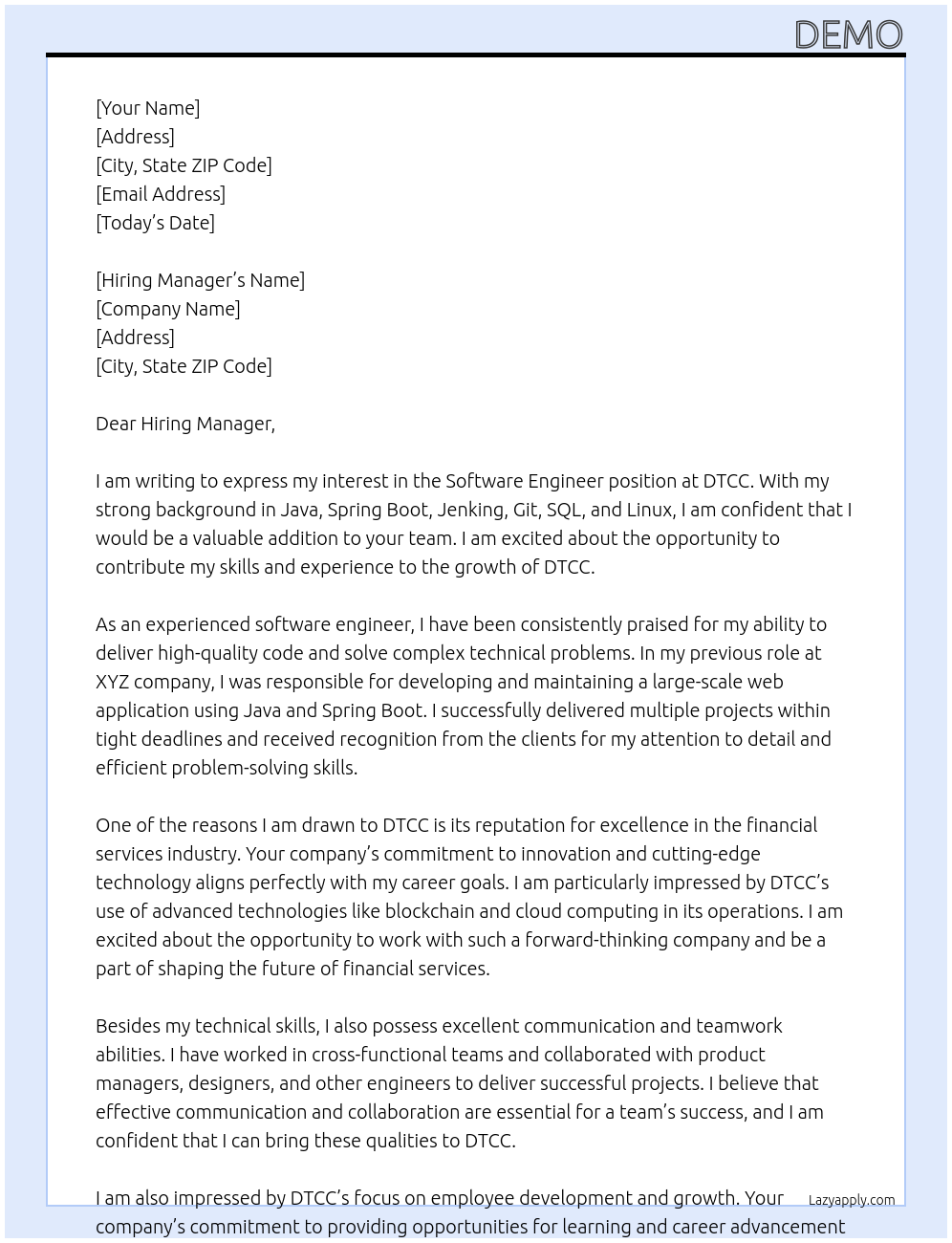 Software Engineer At DTCC Cover Letter