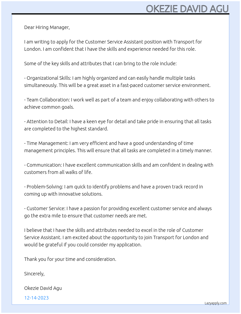 Customer Service Assistant At Transport for London Cover Letter