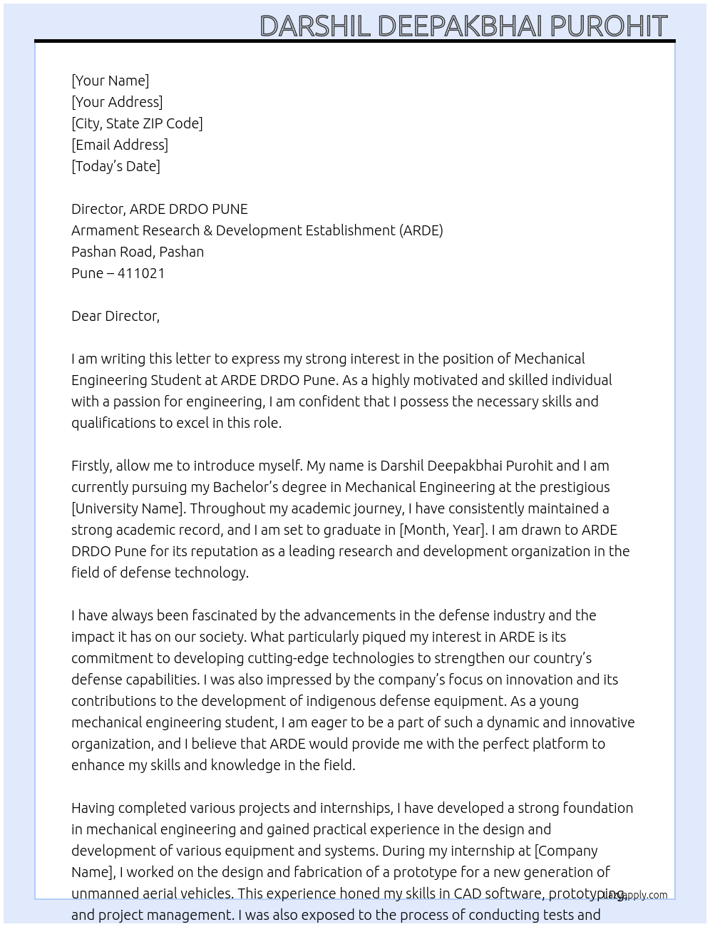 Mechanical Engineering Student  At Armament Research & Development Establishment (ARDE) Cover Letter