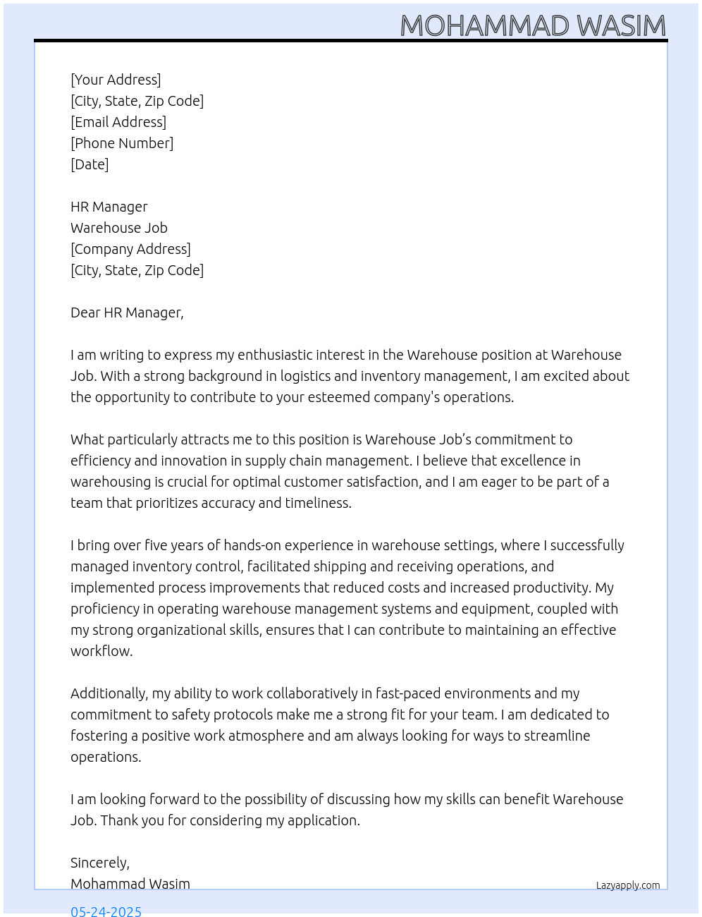 warehouse At warehouse job Cover Letter