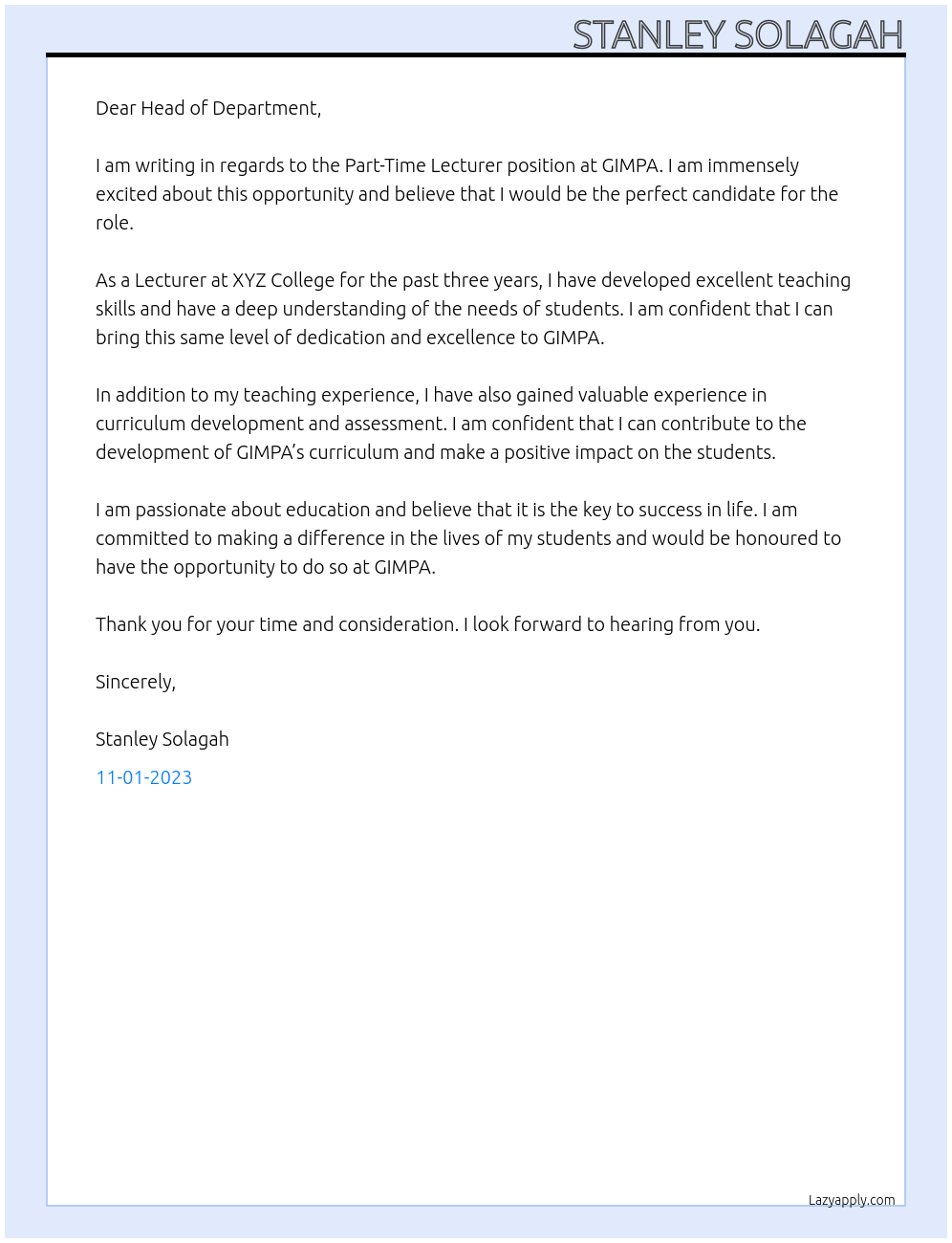 Part-Time Lecturer At GIMPA Cover Letter