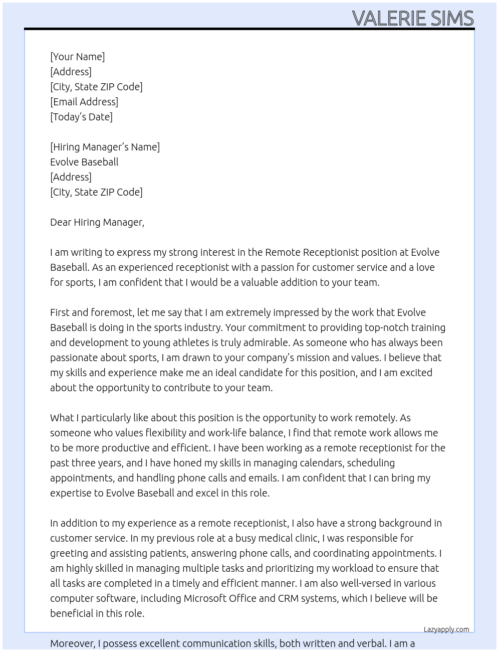 Remote receptionist  At Evolve Baseball Cover Letter