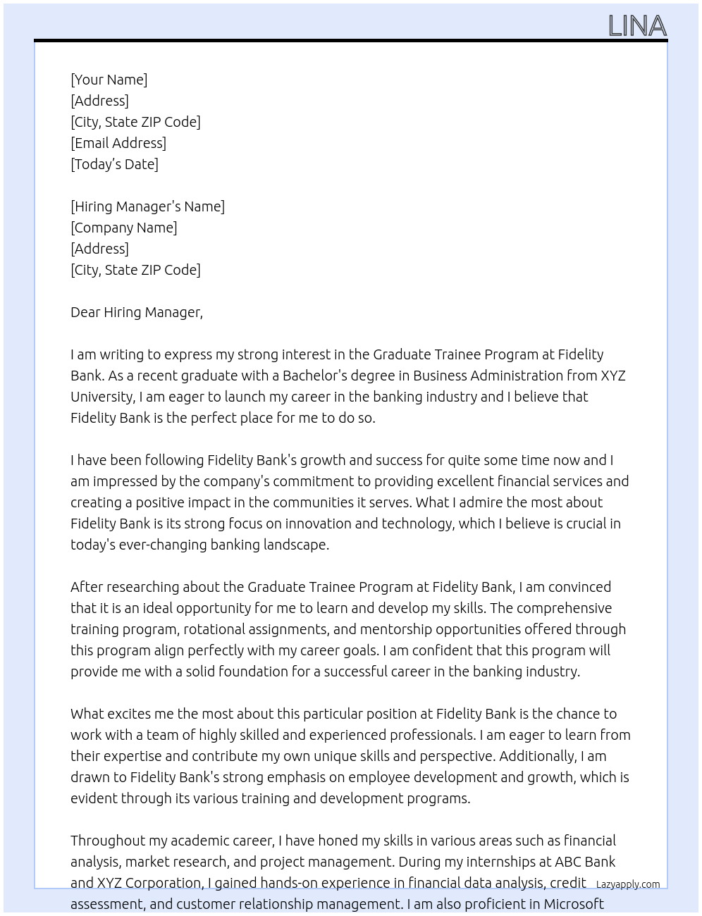 Graduate trainee program At Fidelity Bank Cover Letter