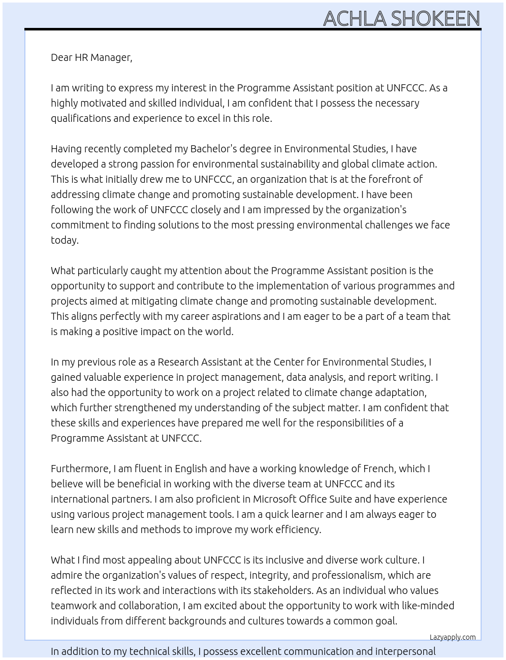 Programme. Assistant At UNFCCC Cover Letter