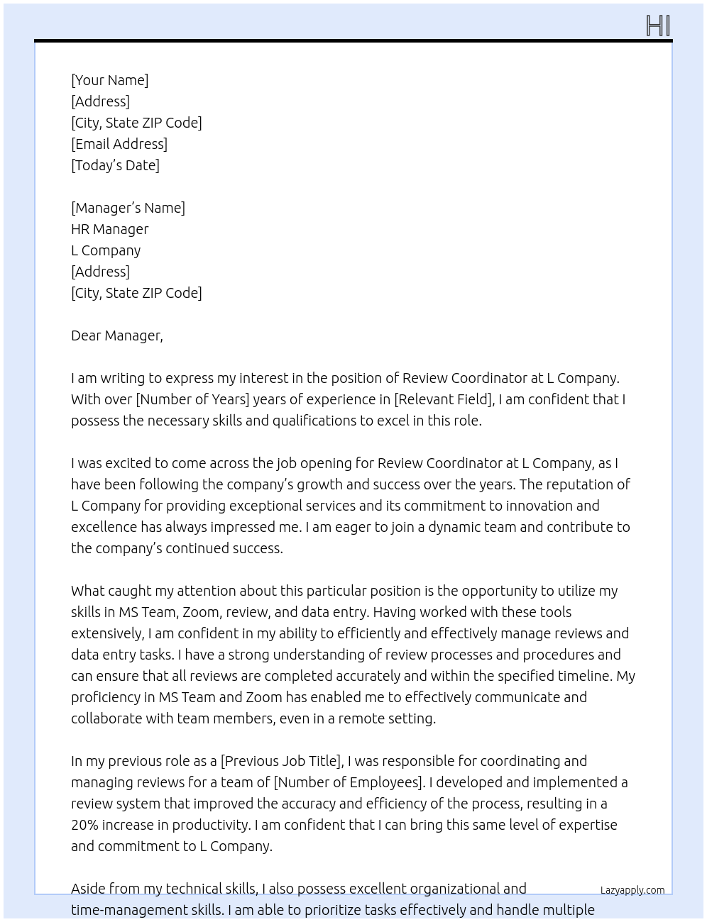 Review Coordinator At L Cover Letter