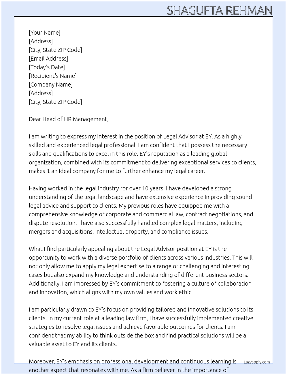 LEGAL ADVISOR At EY Cover Letter