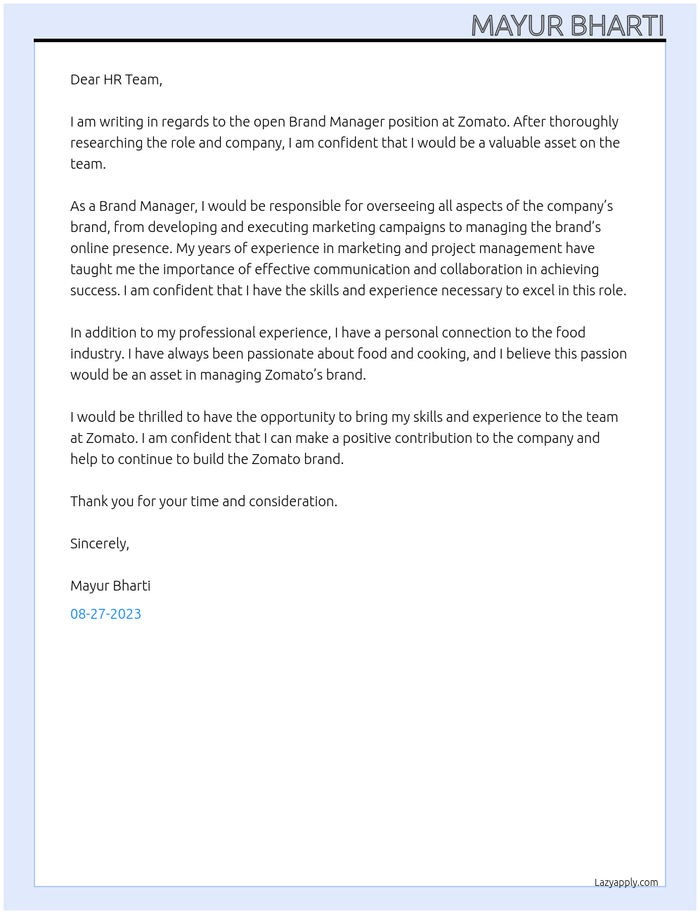 BRAND MANAGER At ZOMATO Cover Letter