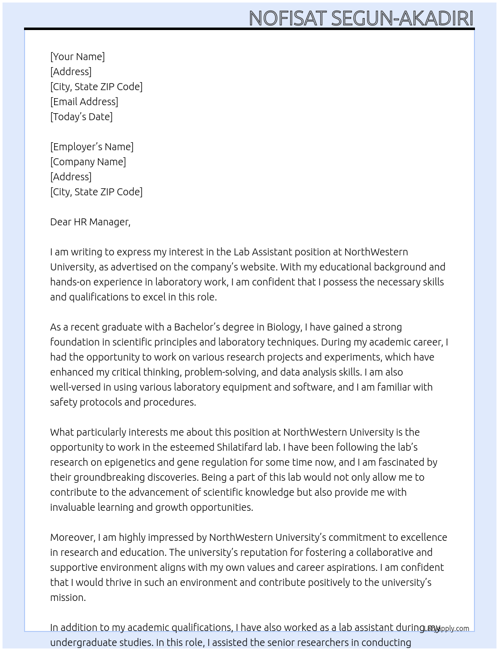 Lab assistant At NorthWestern University Cover Letter