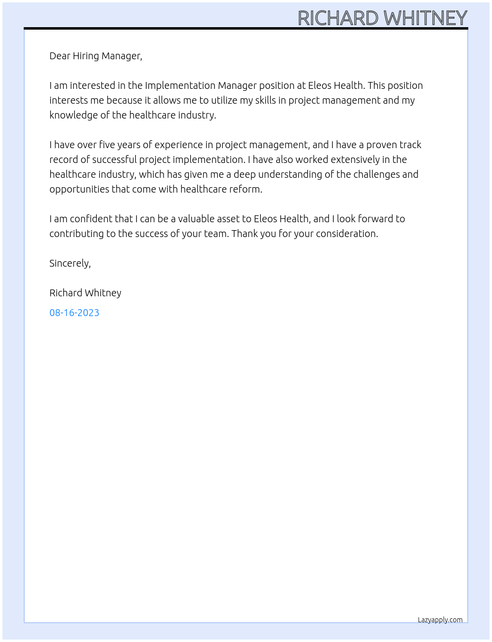 Implementation Manager At Eleos Health Cover Letter