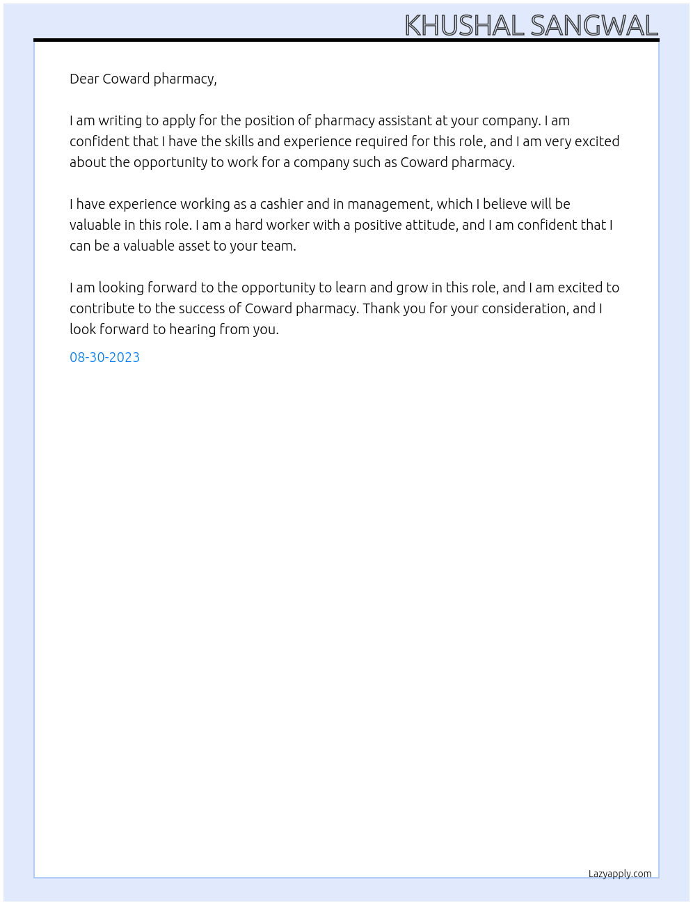 Pharmacy assistant At Coward pharmacy Cover Letter
