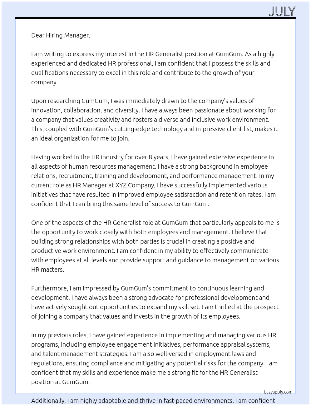 HR Generalist At GumGum Cover Letter