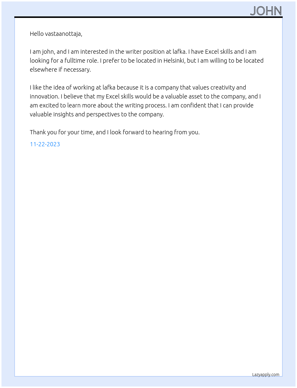 writer At lafka Cover Letter