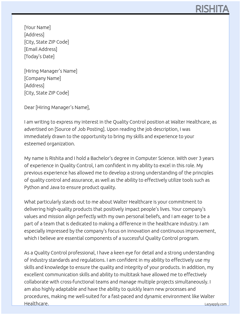 Quality control At Walter healthcare Cover Letter