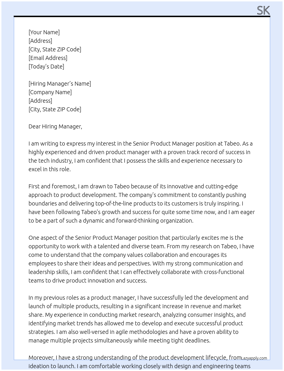 Senior Product Manager At Tabeo Cover Letter