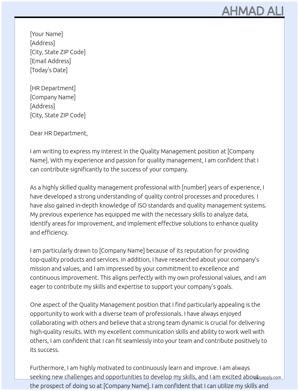 quality management At HR  Cover Letter