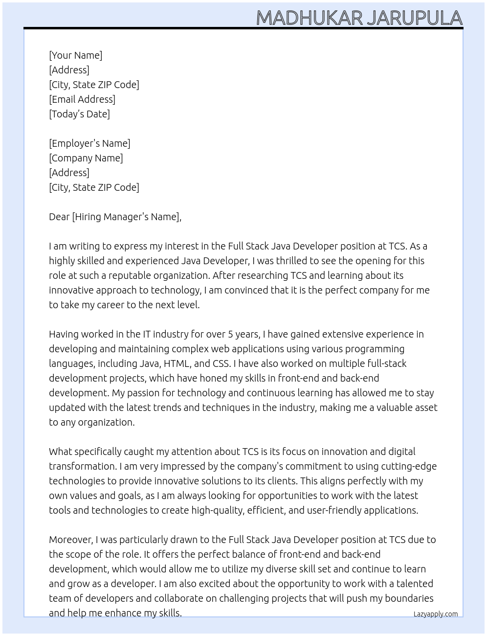Full Stack Java Developer At TCS Cover Letter