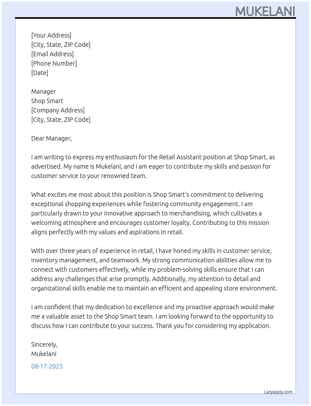 Retail Assistant At Shop Smart Cover Letter