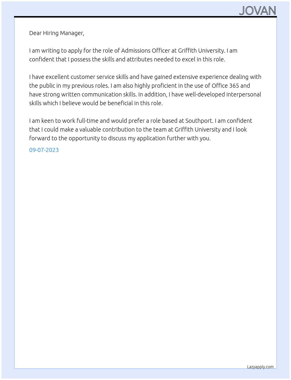 Admissions officer At Griffith University Cover Letter