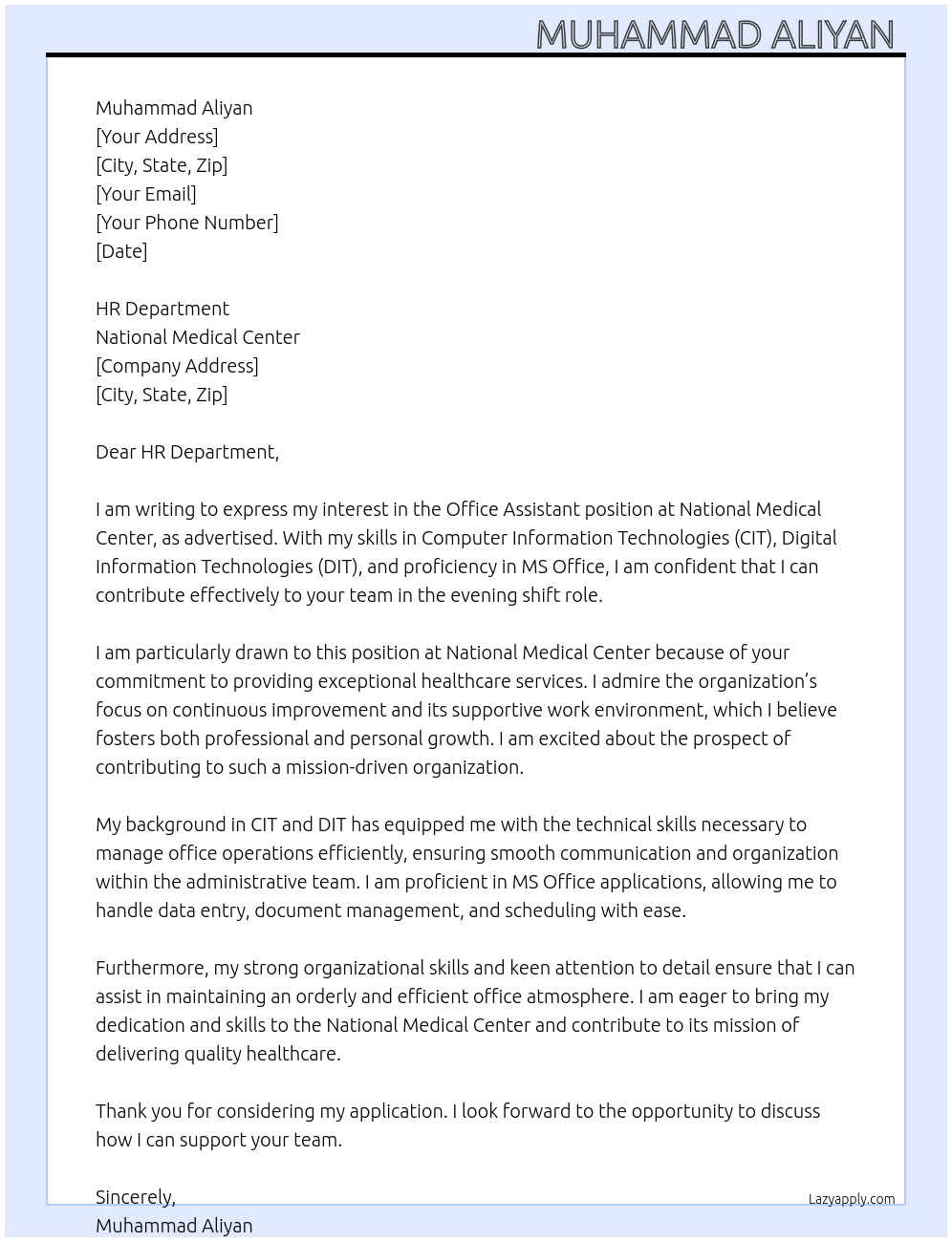 office assistant At National Medical Center Cover Letter