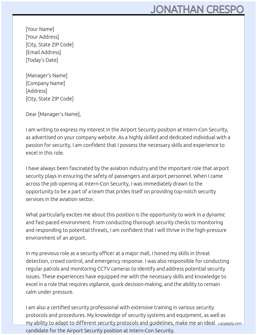 Airport Security At Intern-Con Security Cover Letter
