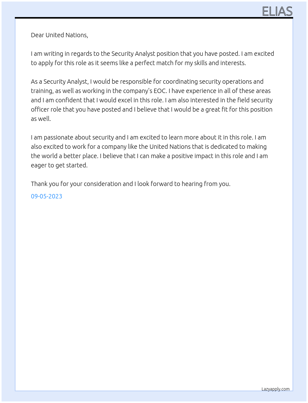 SECURITY analyst  At United nation  Cover Letter