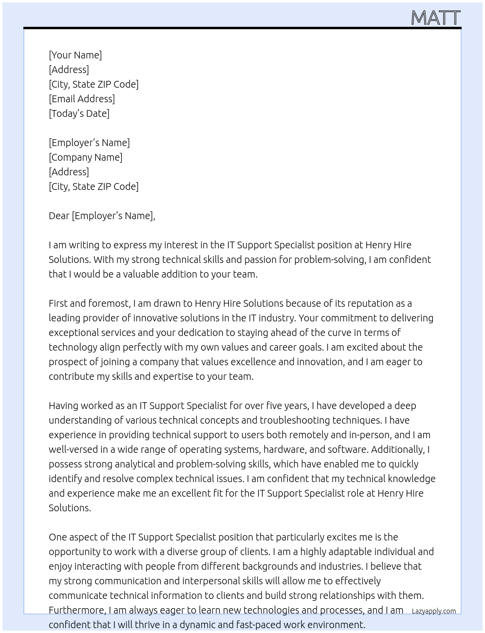 IT Support Specialist At Henry Hire Solutions Cover Letter