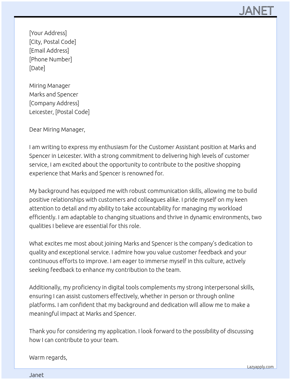 Customer assistant At Marks and Spencer Cover Letter