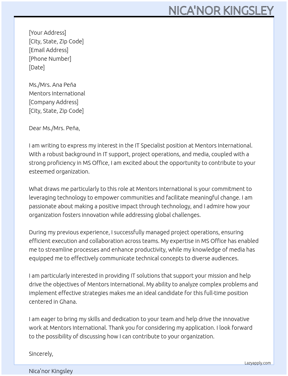 IT specialist At Mentors International Cover Letter