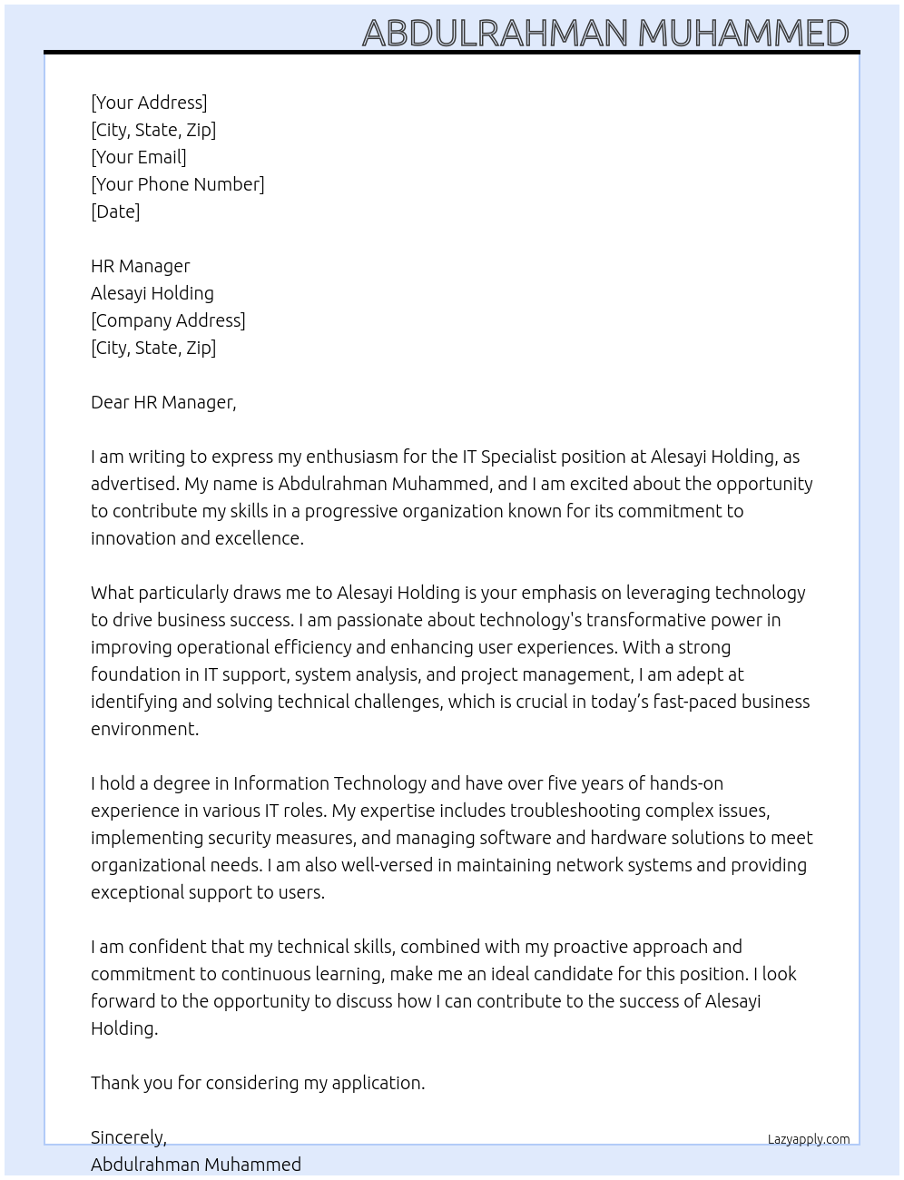 IT Specialist At Alesayi Holding Cover Letter