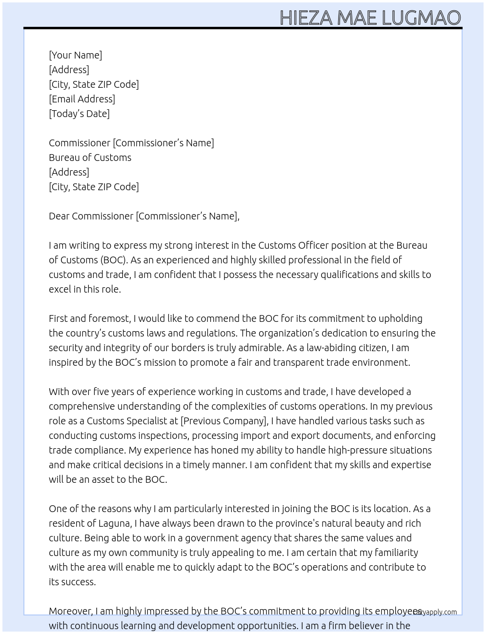 Customs officer At BOC Cover Letter