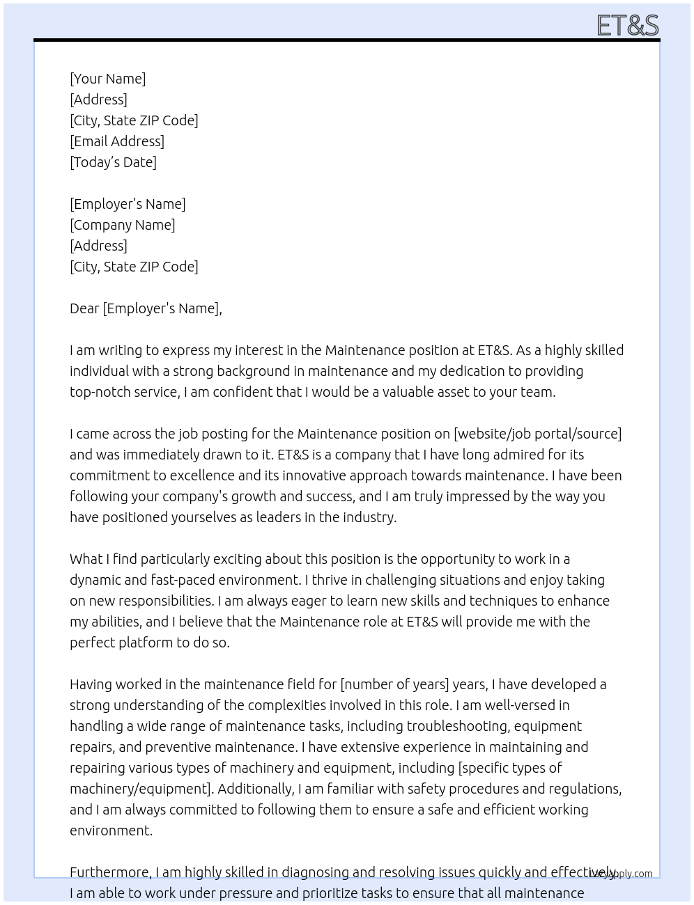 Maintenance At ET&S Cover Letter