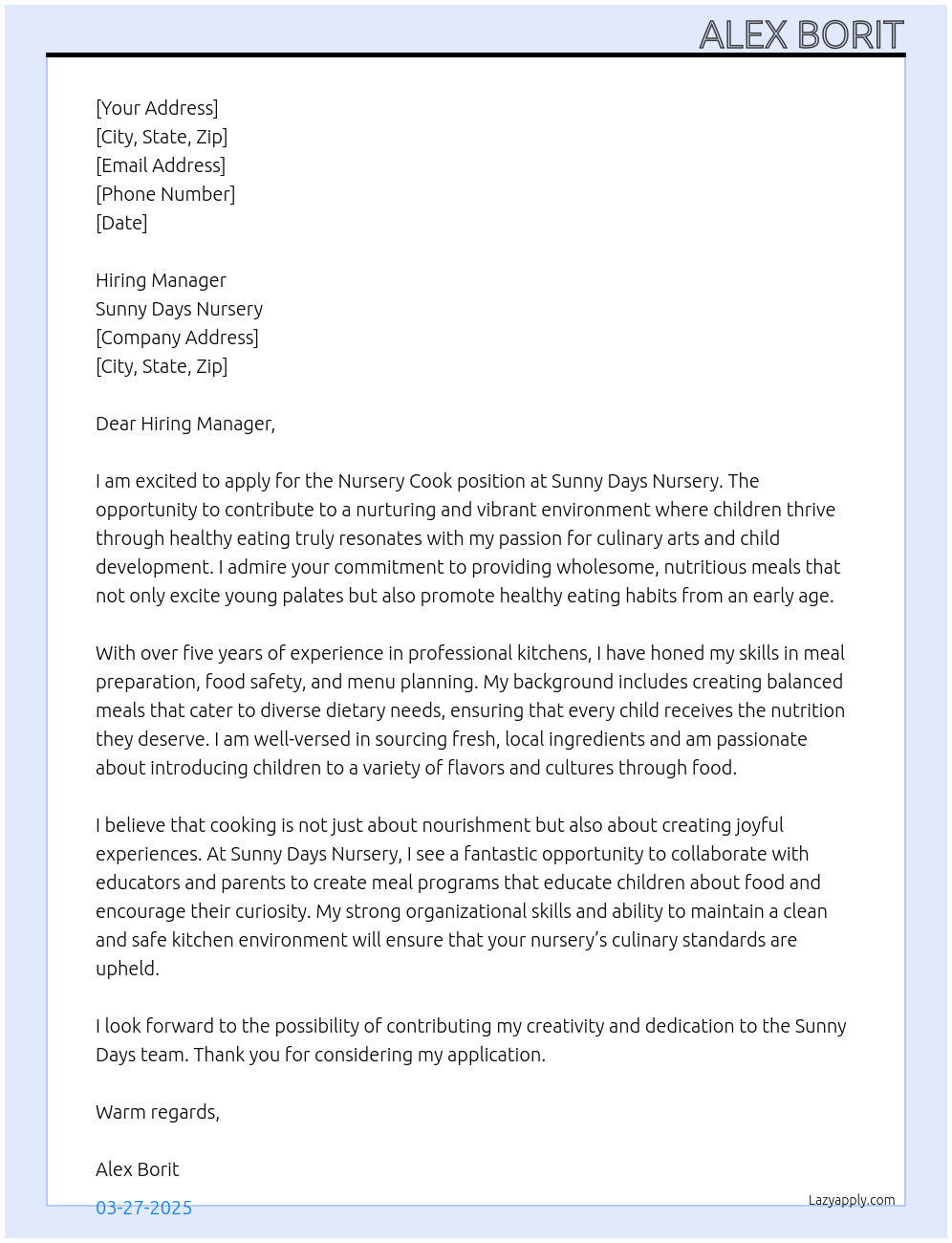 nursery cook At Sunny days Nursery Cover Letter