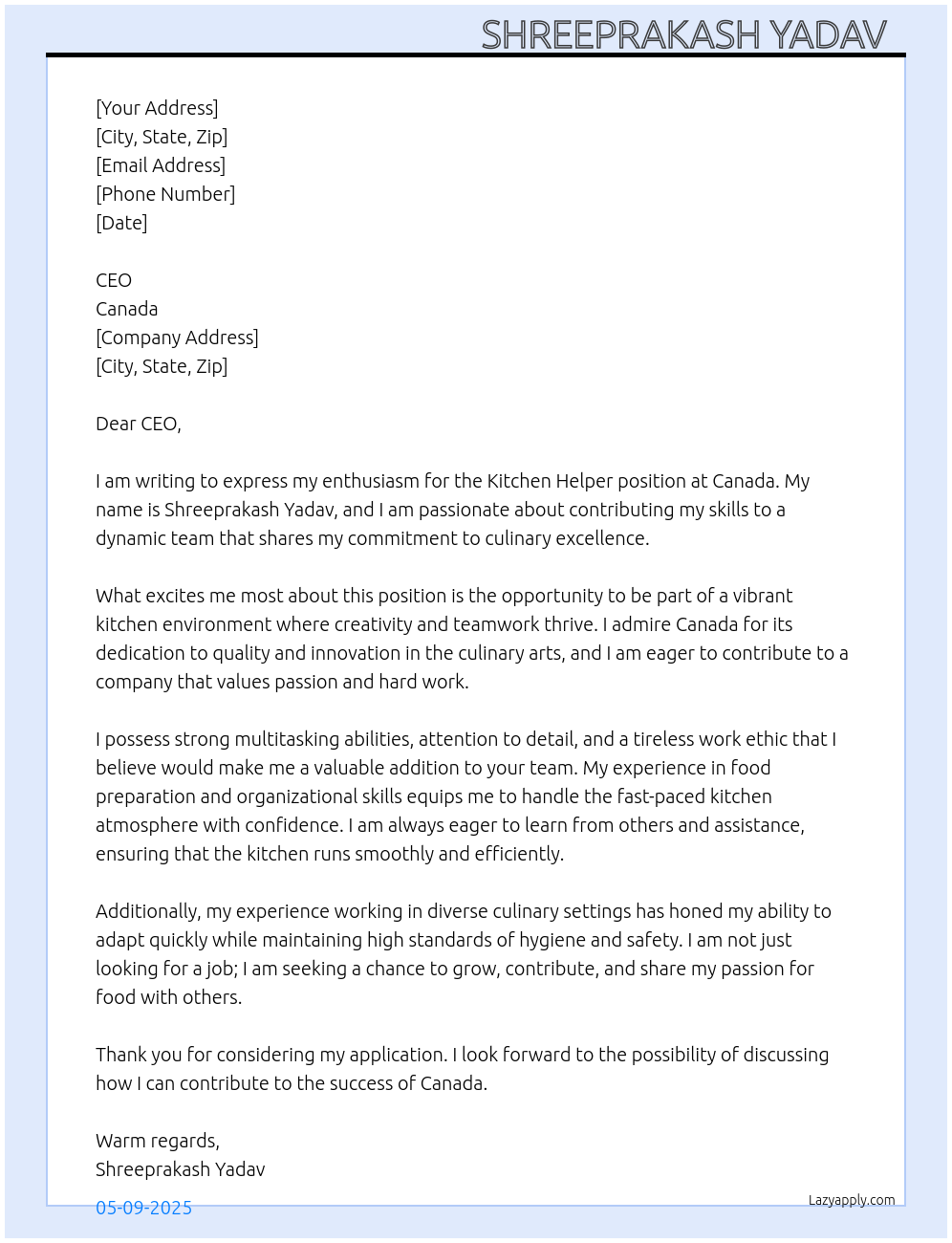 Kitchen helper  At Canada  Cover Letter