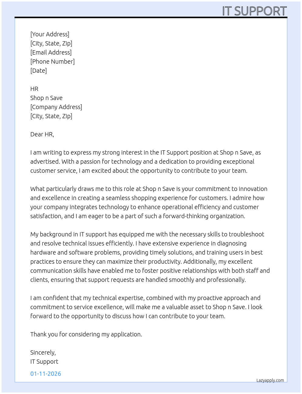 IT Support At Shop n save Cover Letter