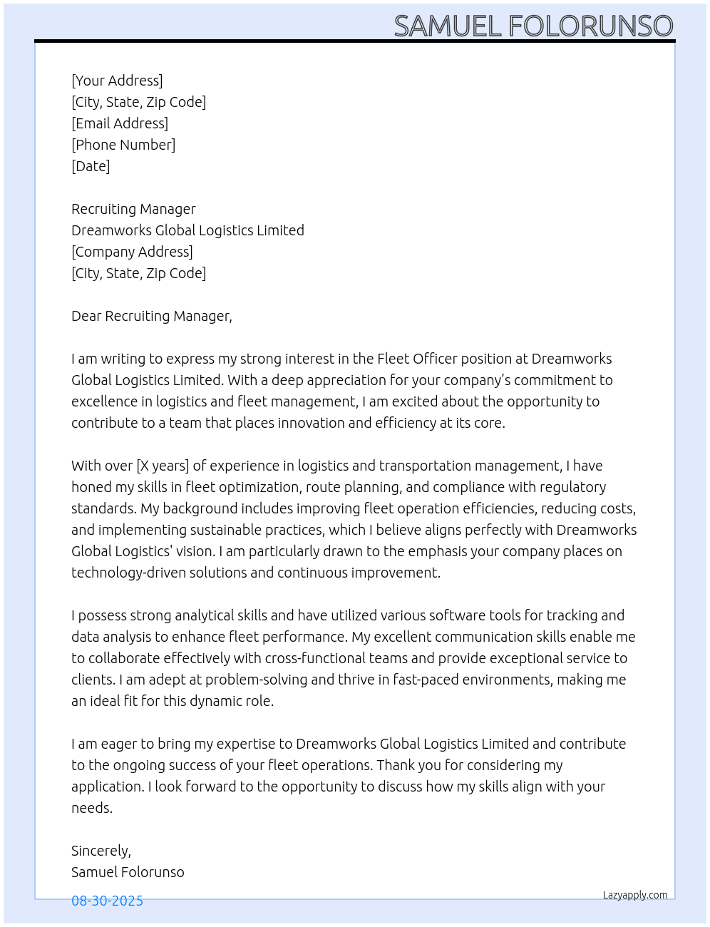 Fleet officer  At Dreamworks Global Logistics Limited Cover Letter
