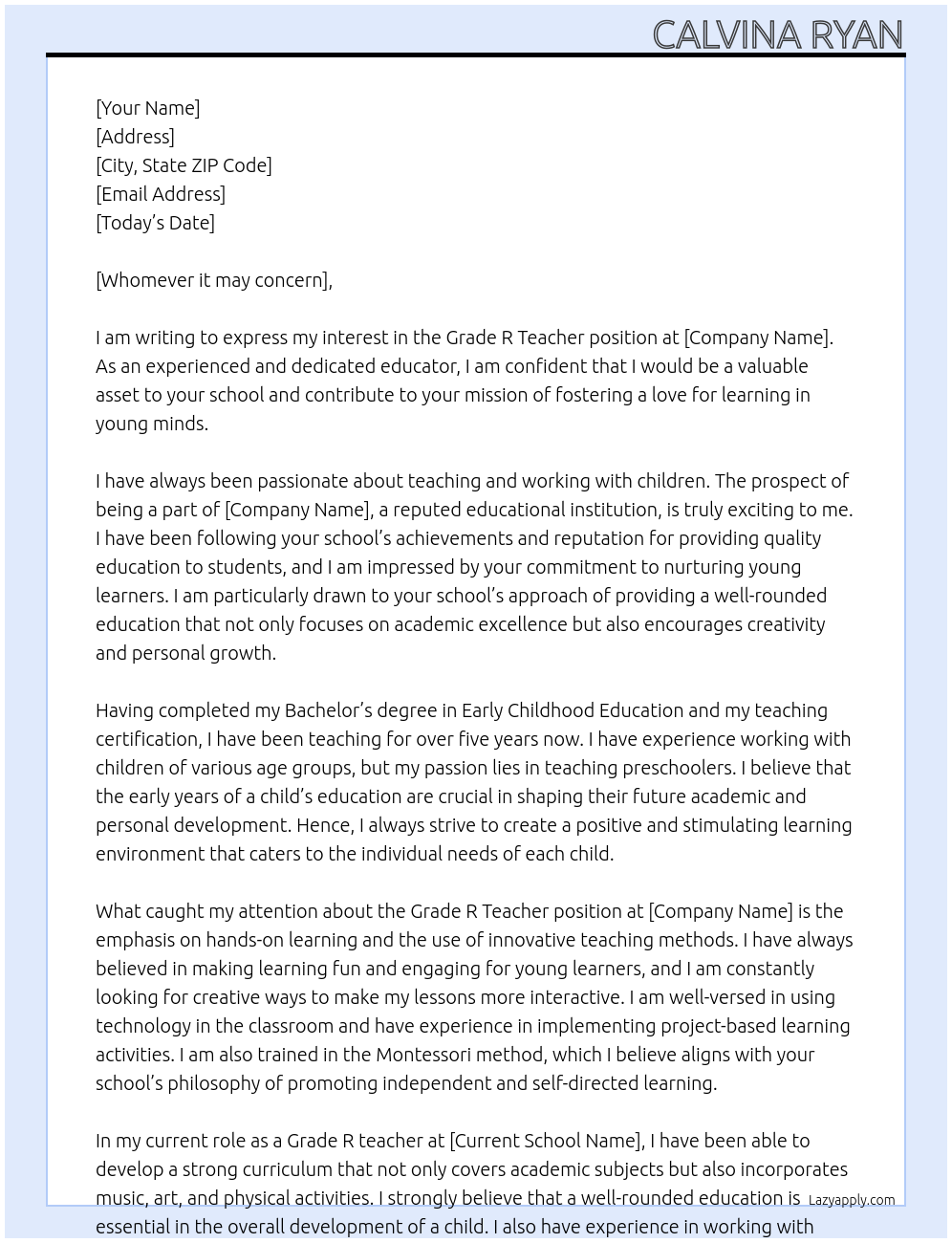 Grade R teacher At any Cover Letter