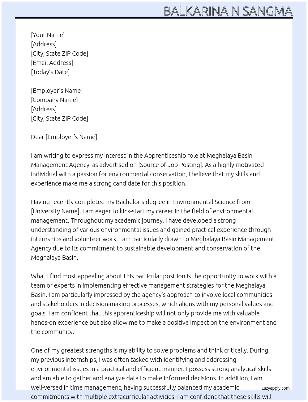 Apprenticeship At Meghalaya Basin Management Agency Cover Letter