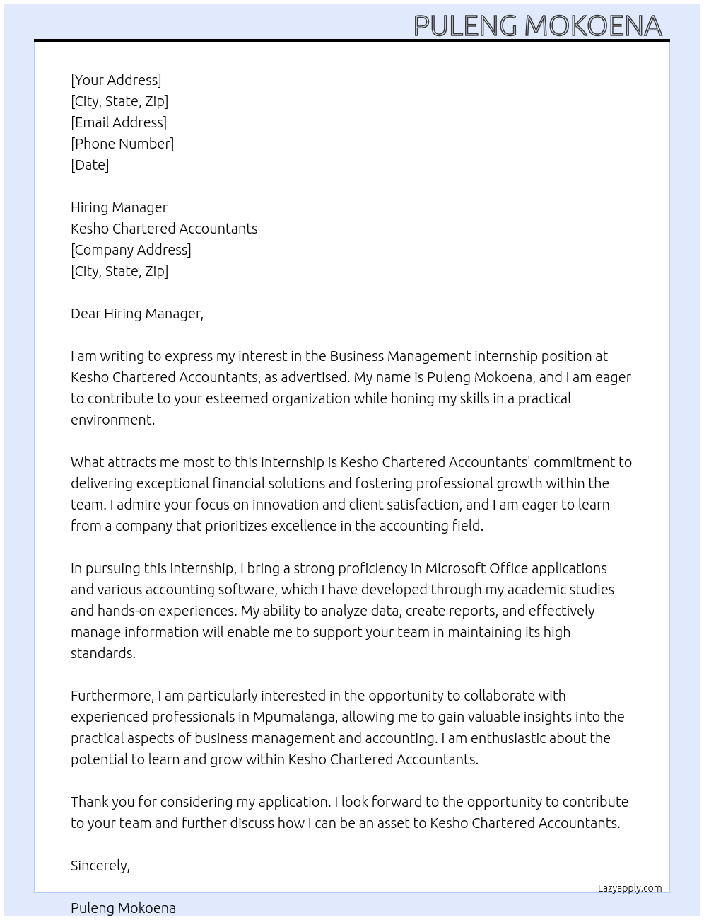 Business Management At Kesho Chartered Accountants Cover Letter