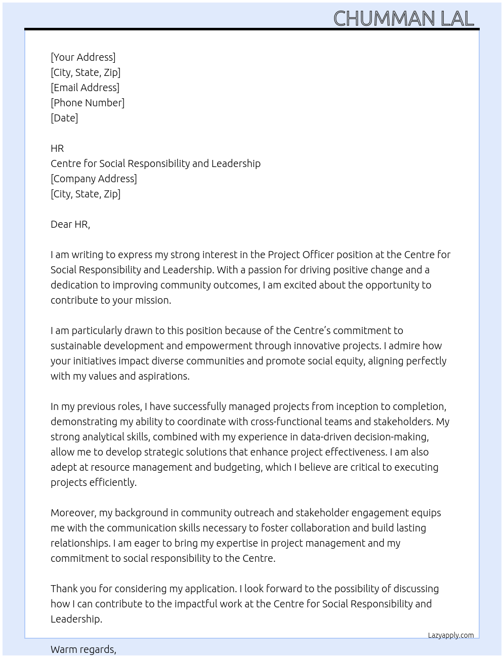 Project Officer At Centre for Social Responsibility and Leadership Cover Letter