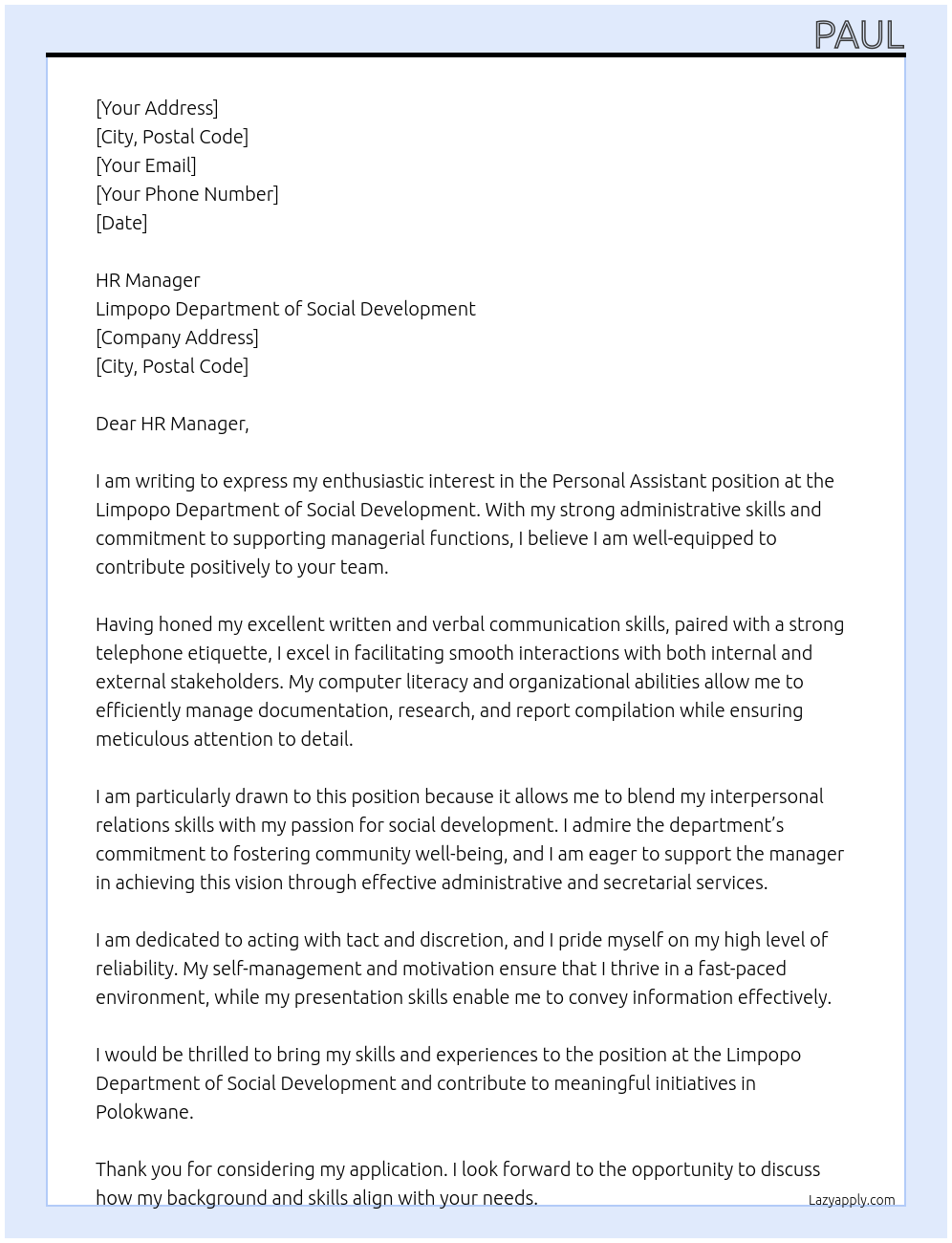 Personal Assistant At Limpopo Department of Social Development Cover Letter